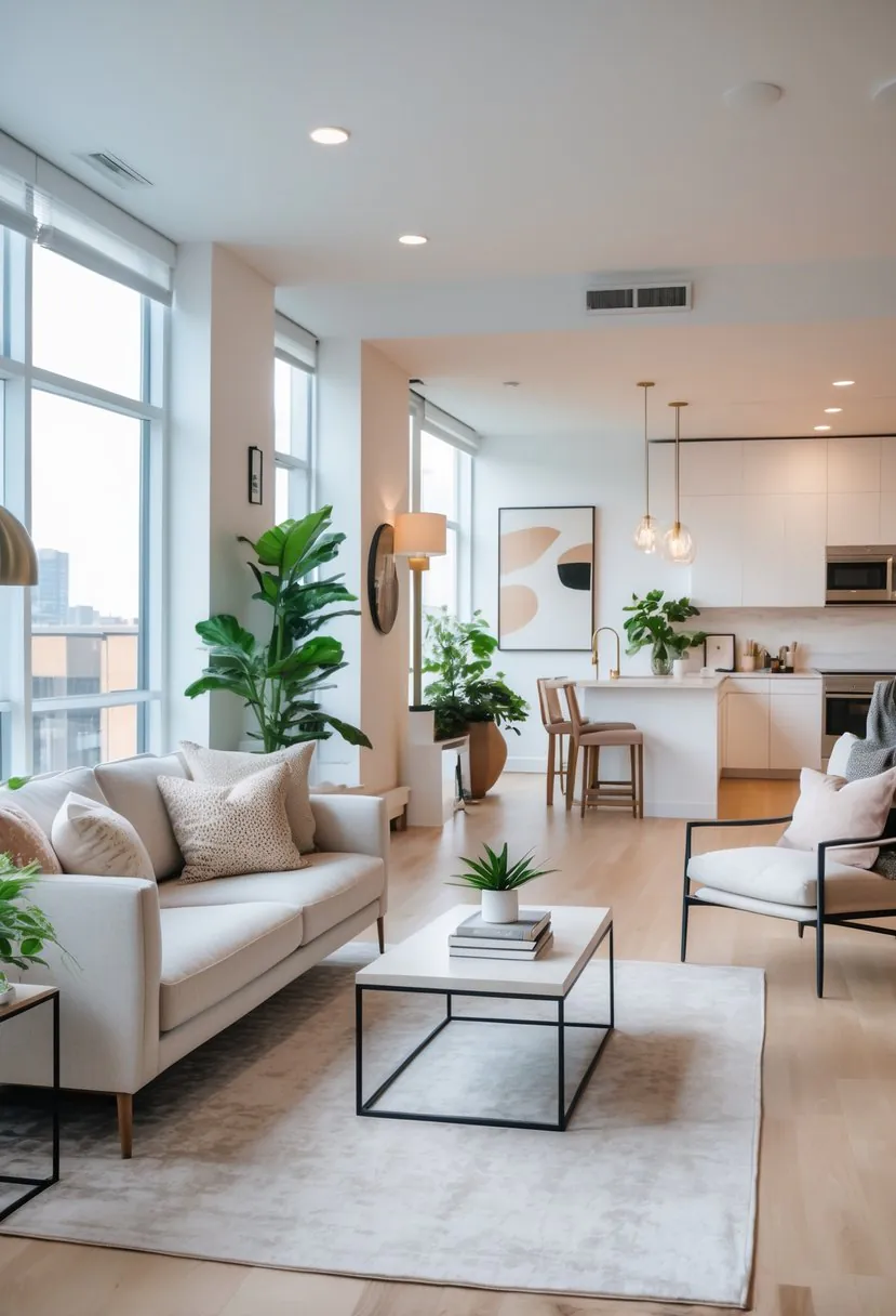 A bright and spacious apartment living area with a sofa, coffee table, large windows, and modern kitchen in the background.