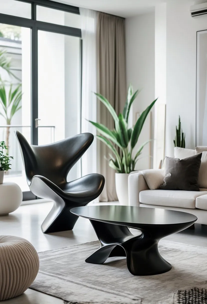 A bright living room with sculptural furniture pieces including a curved armchair and a unique coffee table, surrounded by plants and soft furnishings.