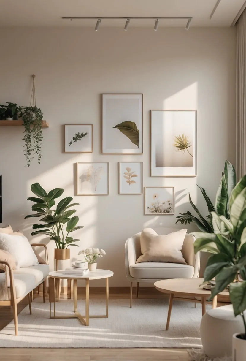 A cozy apartment living room with framed photos and art on the walls, modern furniture, plants, and warm natural light.