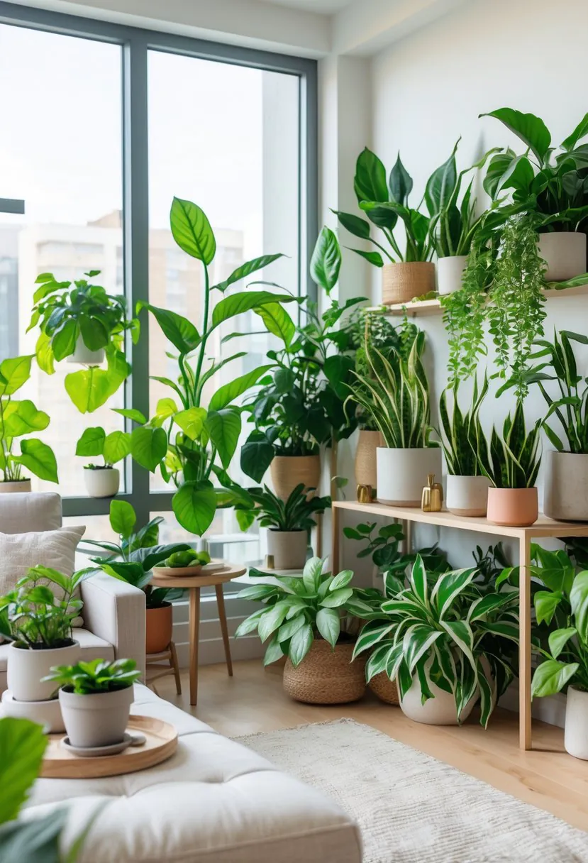 A modern apartment living room filled with various green plants and natural light.