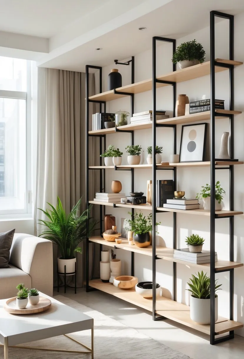 Open shelving unit in a living room displaying books, plants, and decorative objects with a sofa nearby.