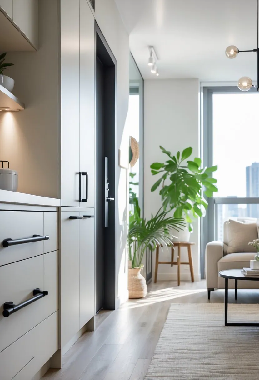 A bright apartment interior with matte black cabinet handles, door knobs, and light fixtures, featuring neutral furniture and indoor plants.