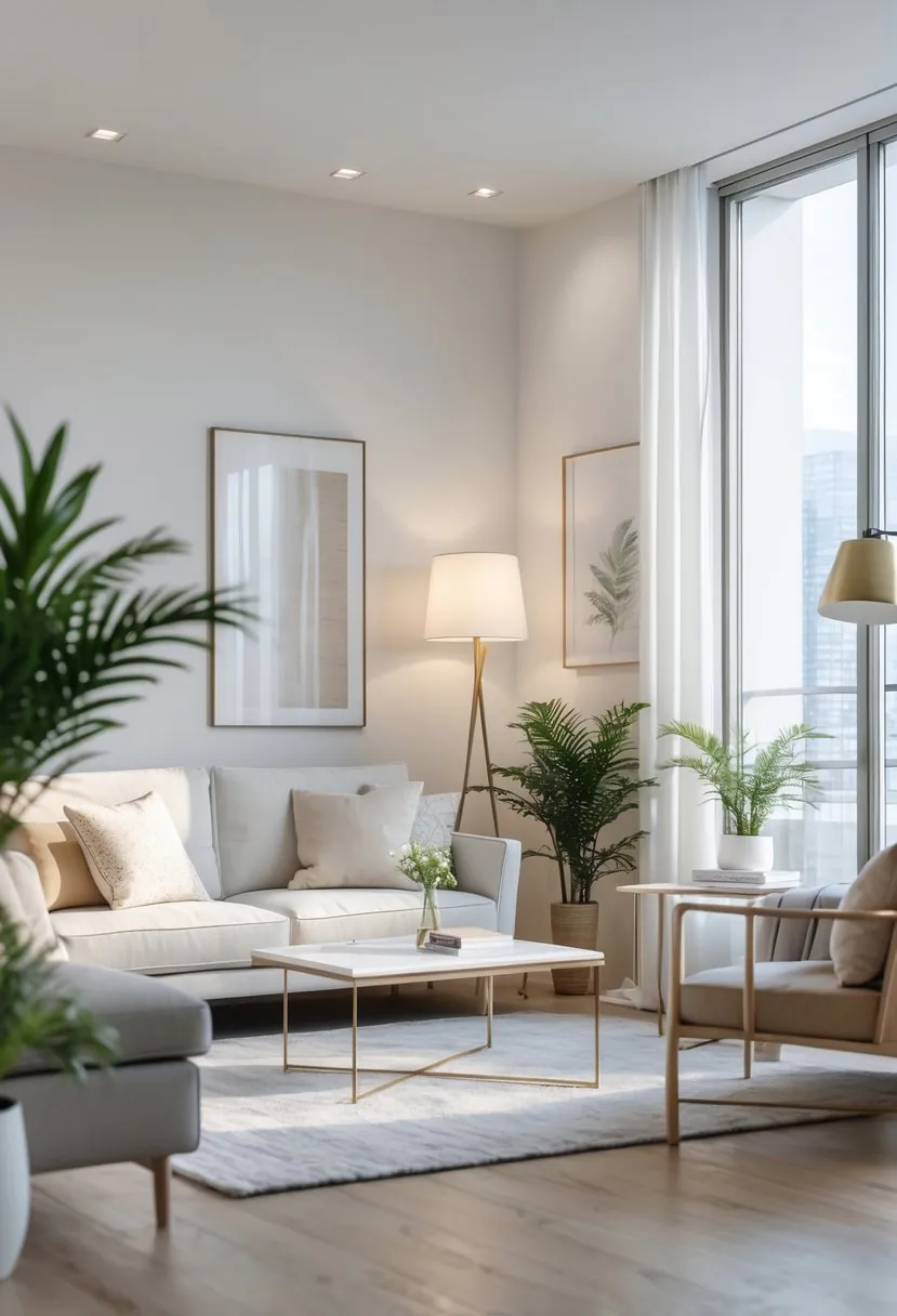 A bright and inviting living room with a sofa, coffee table, plants, and large windows letting in natural light.