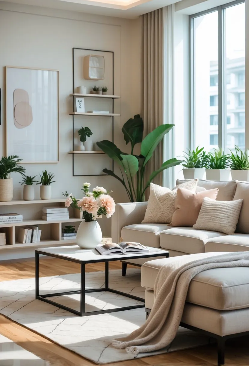 Bright and spacious apartment living room with a sofa, coffee table, plants, and decorative shelves.