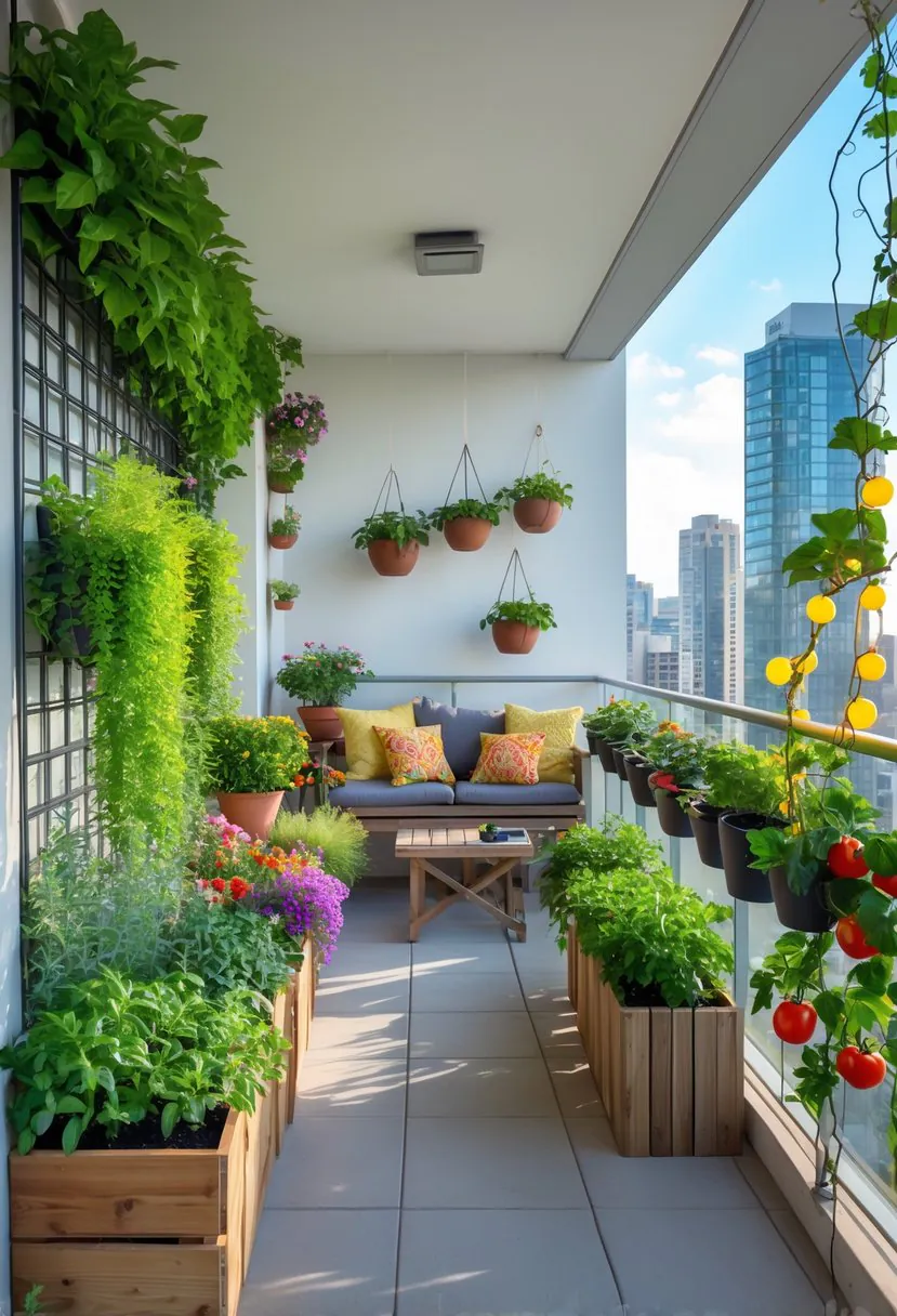 A balcony with seven different garden setups including potted flowers, herbs, vegetables, hanging plants, and a small seating area overlooking a city.