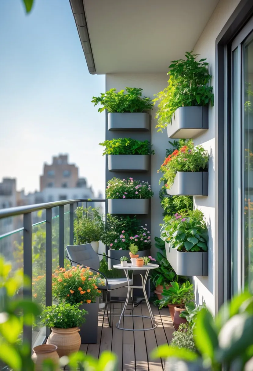 A balcony with vertical garden planters filled with green plants and flowers, outdoor furniture, and a city background.