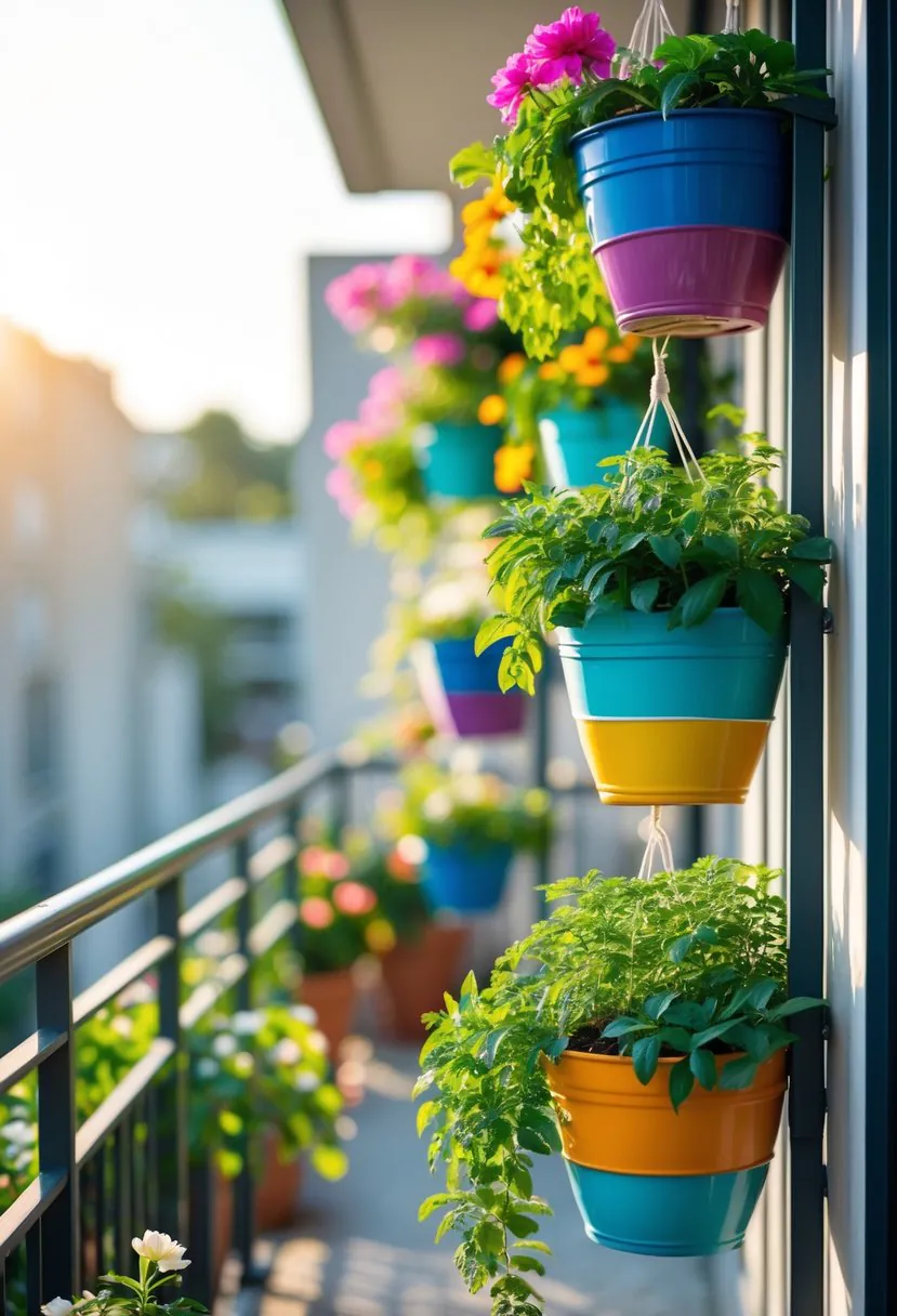 A balcony with multiple colorful flower pots hanging from the railing, filled with blooming flowers and green leaves.