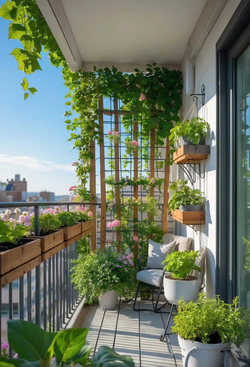 A balcony garden with climbing plants growing on trellises, surrounded by potted plants and outdoor furniture.
