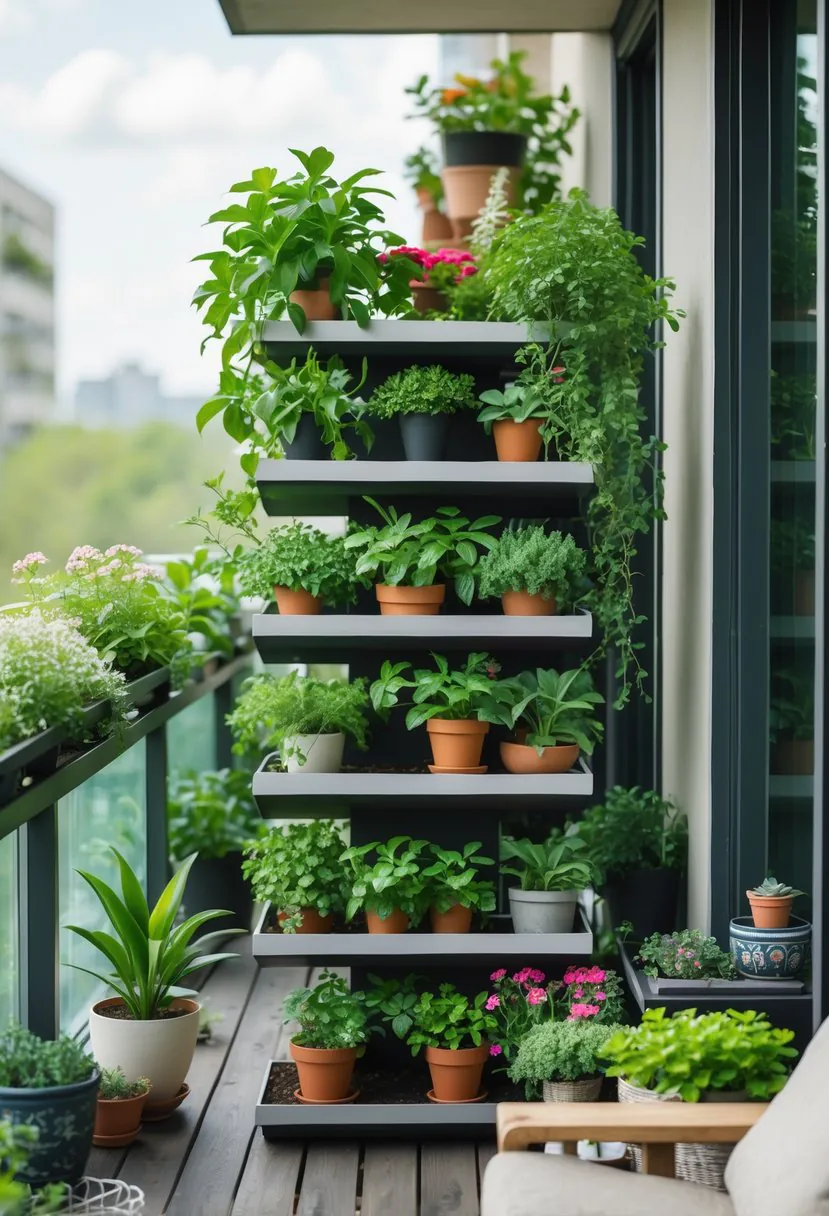 A balcony with stackable plant shelves filled with various green plants and flowers in pots.