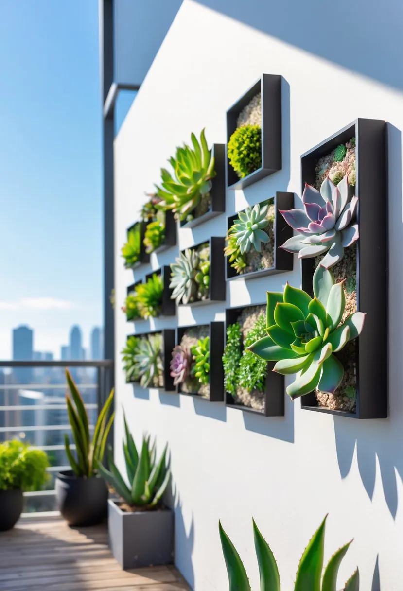 A balcony with seven succulent wall frames mounted on a white wall, showing various green and colorful succulents in a sunny outdoor setting.