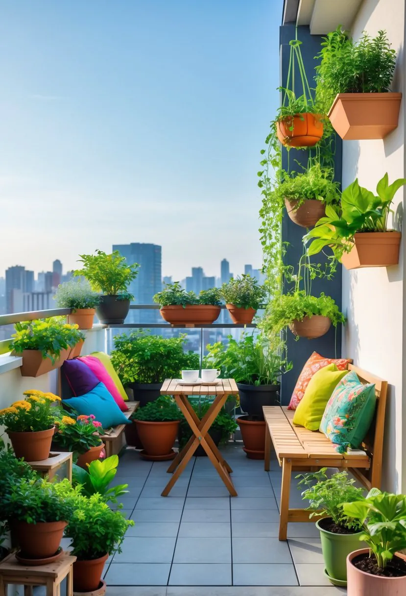 A small balcony filled with various plants, a wooden bench with cushions, a small table with a cup and book, and hanging planters overlooking a cityscape.