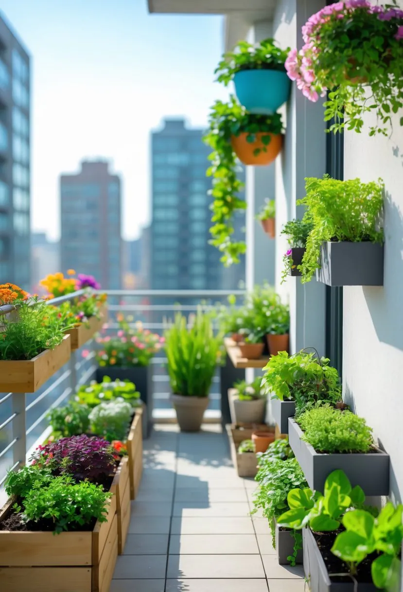 A sunny urban balcony displaying seven different small garden setups with flowers, herbs, vegetables, seating, and decorative plants.