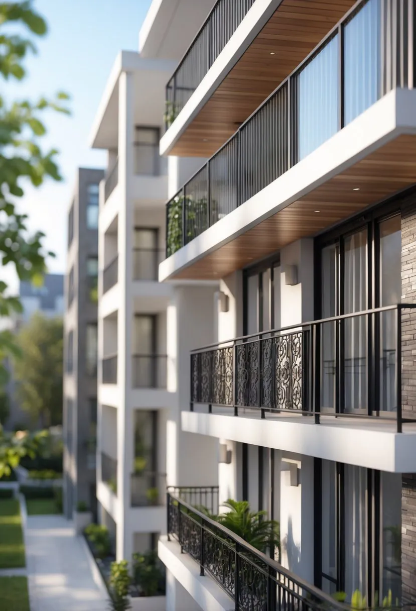 Ten different balcony railings displayed outdoors on modern residential buildings.