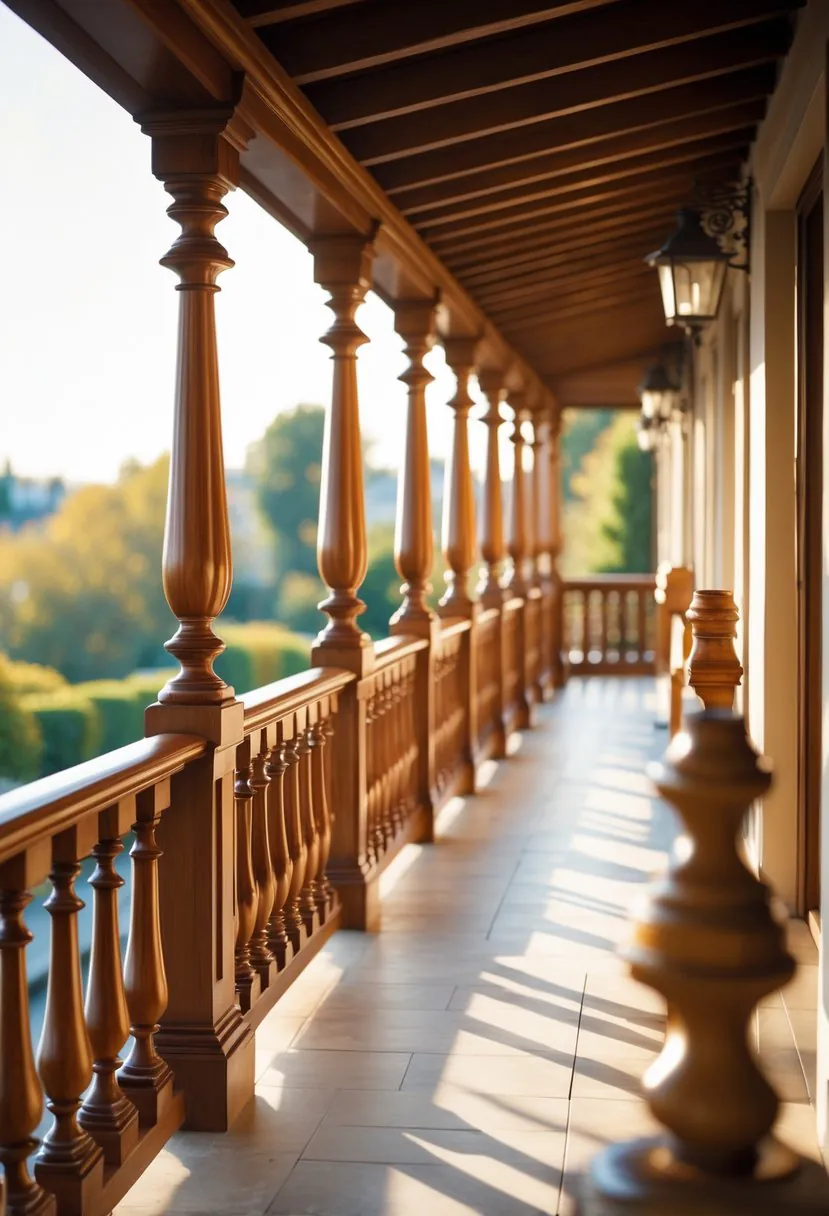 A balcony with ten different wooden baluster railings overlooking a garden or cityscape.