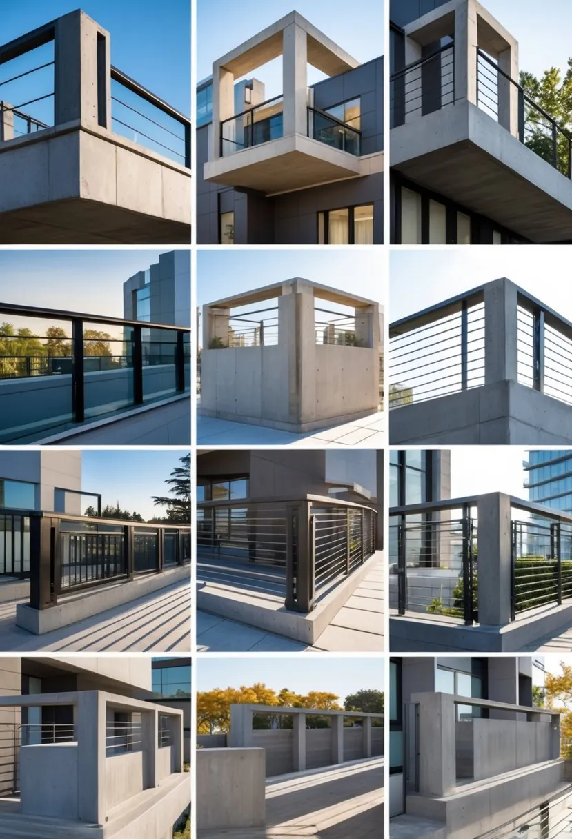 A collection of ten concrete balcony railings displayed outdoors with modern buildings in the background.