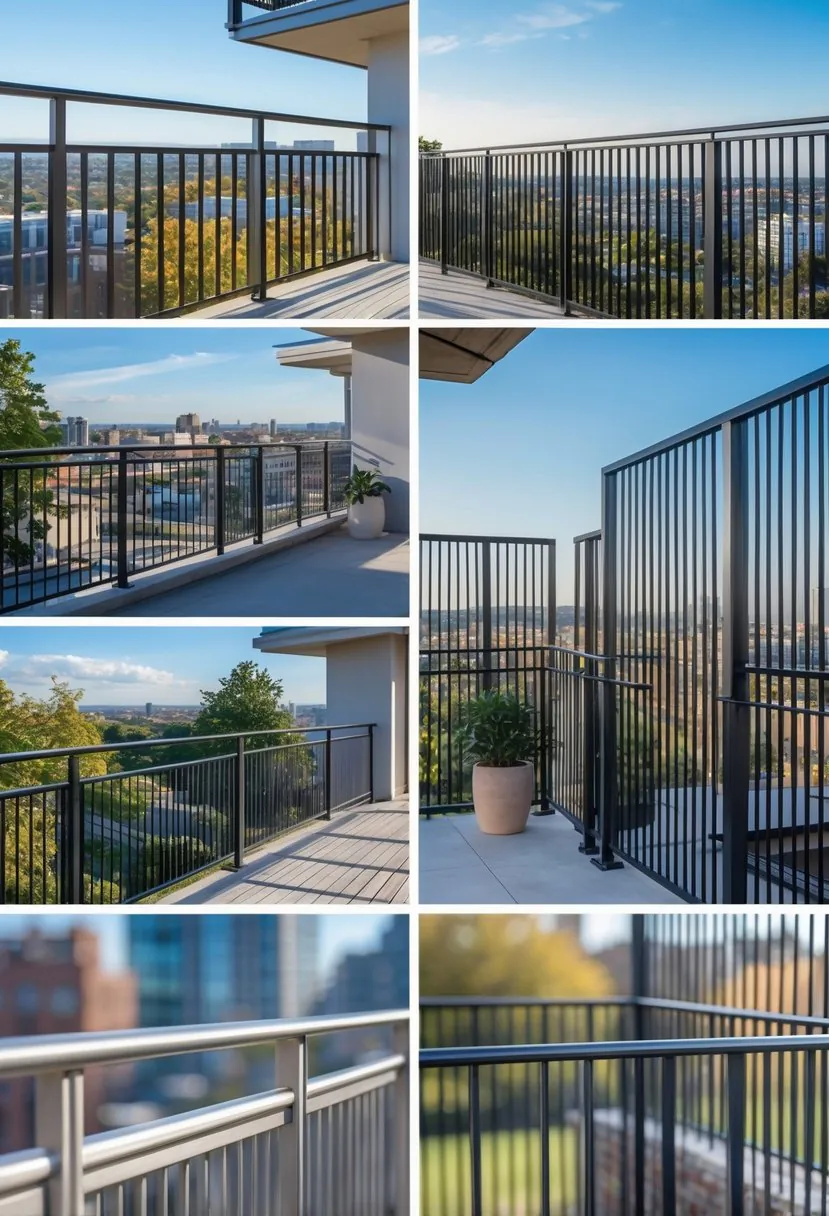 Ten different metal balcony railings with powder-coated finishes displayed outdoors on balconies.
