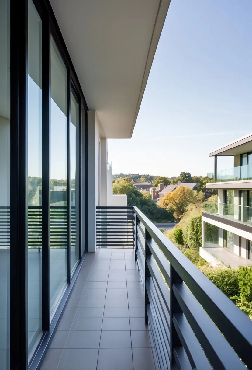 A balcony with horizontal slat railings attached to a modern building, overlooking a blurred outdoor scene.