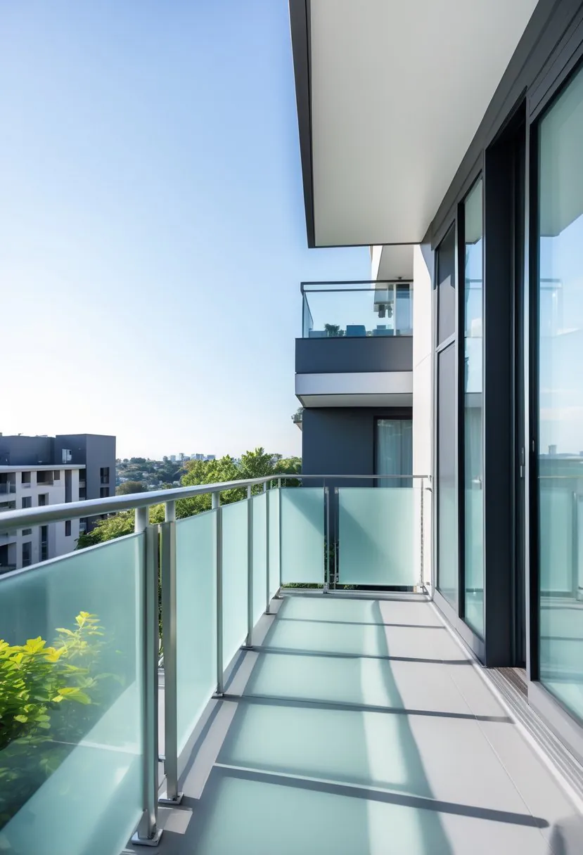 A balcony with frosted glass railings showing ten different railing designs in an outdoor urban setting.