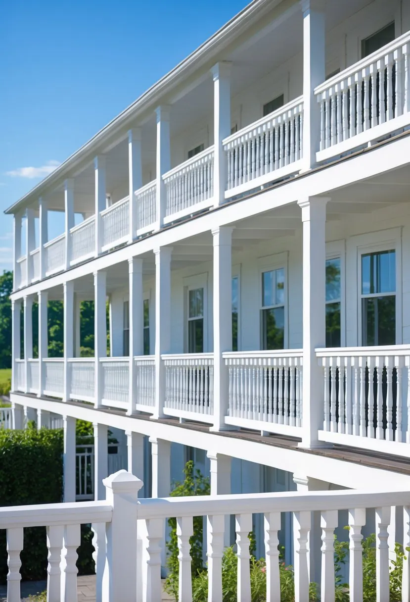 Multiple balconies with different white wooden railings shown outdoors under clear sky.