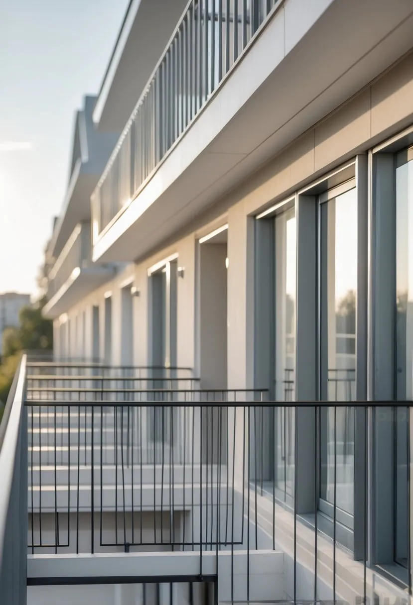 Ten different balcony railing designs displayed on small balcony sections attached to a building facade in natural daylight.