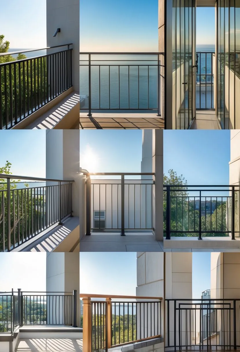 A collection of ten different balcony railings made from various materials displayed outdoors with architectural details and greenery in the background.