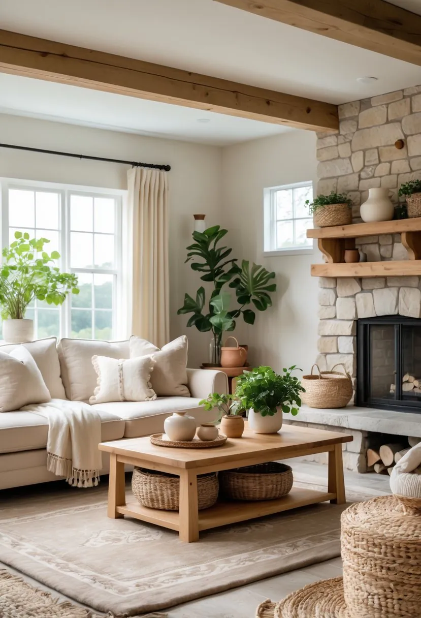 A cozy living room with a beige sofa, wooden coffee table, stone fireplace, and large windows letting in natural light.