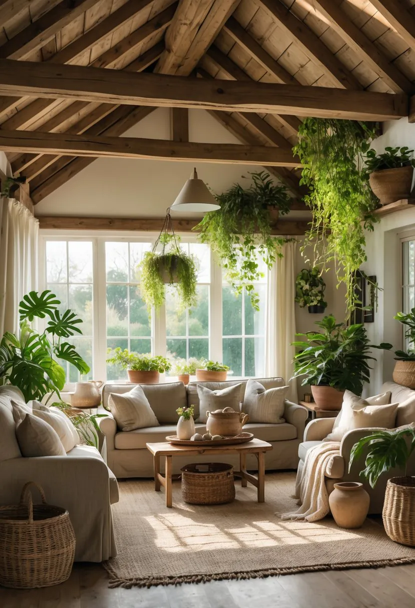 A cozy living room with sunlit wooden beams and various green plants around comfortable seating.