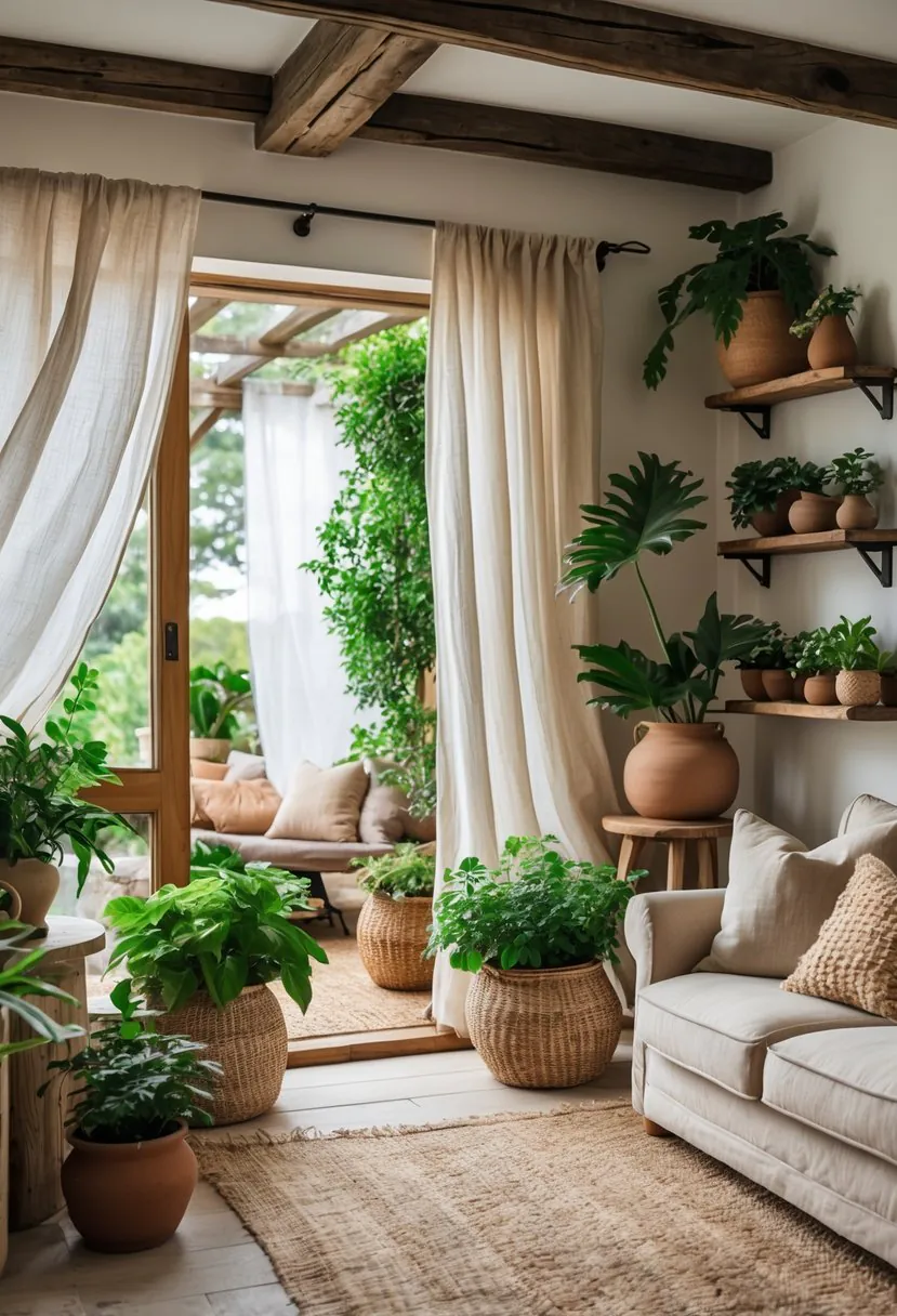 A cozy living room with linen curtains by an open window and various green plants arranged indoors.