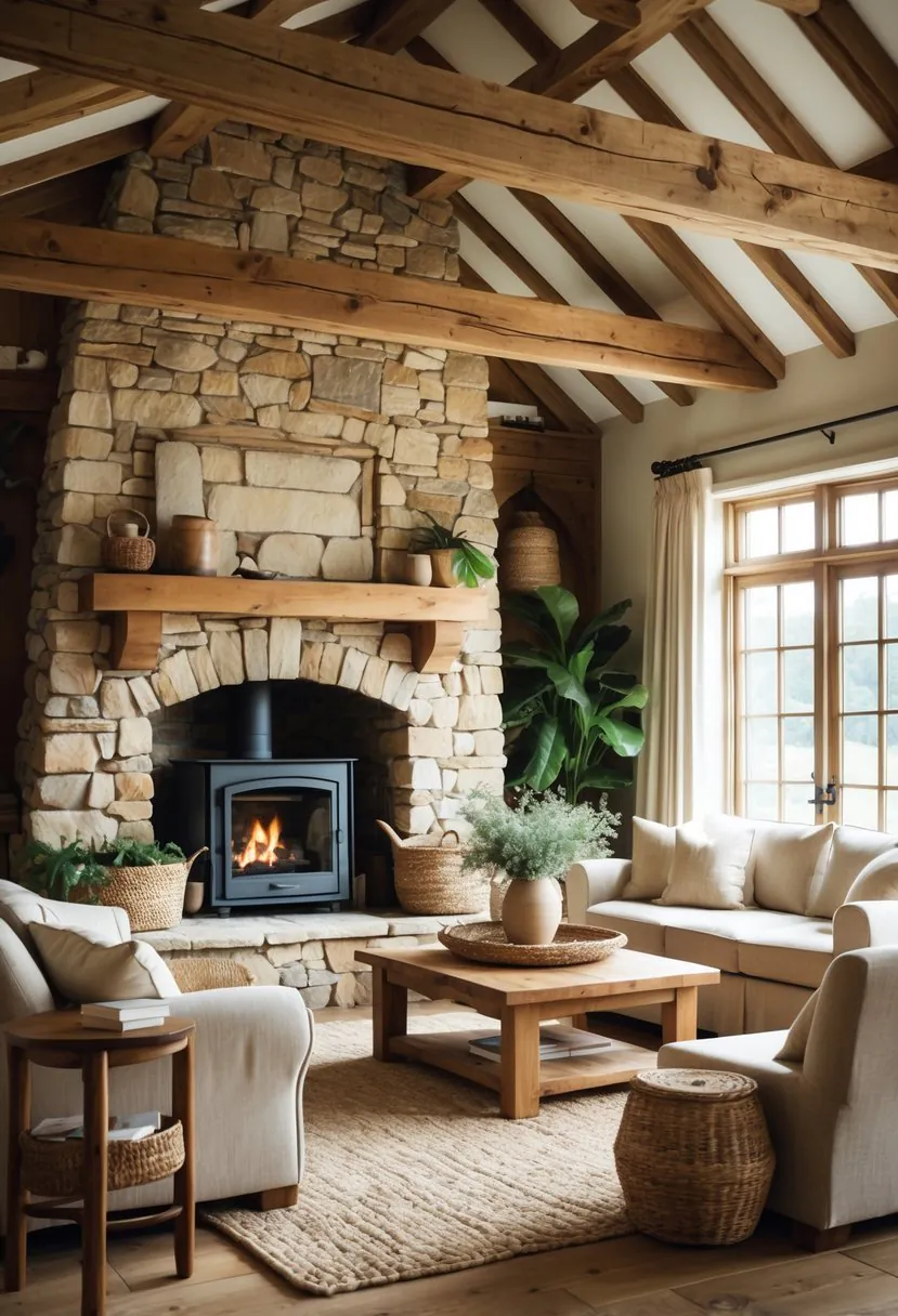 A cozy living room with a stone fireplace, wooden beams, and comfortable furniture arranged around a wooden coffee table.