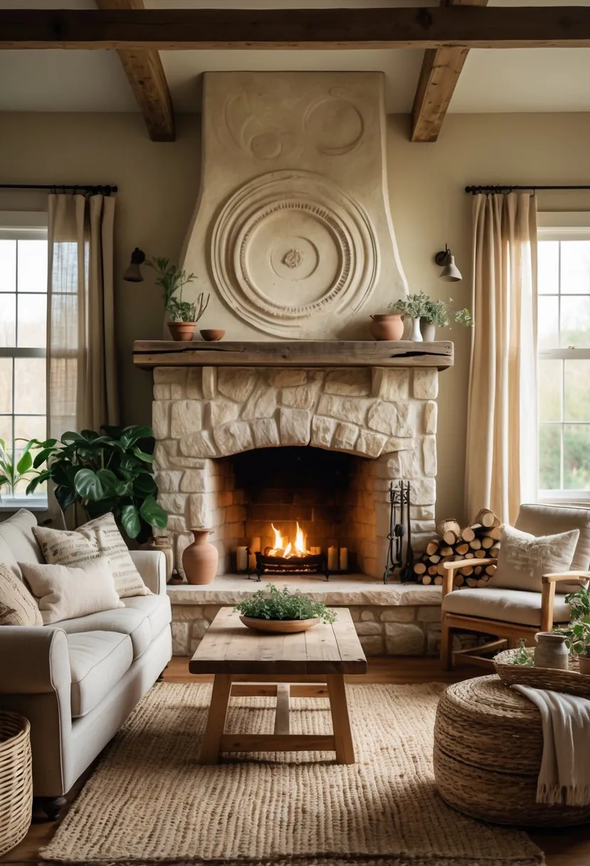 A cozy living room with a stone fireplace, sculpted plaster wall, wooden furniture, and plants, bathed in natural light.