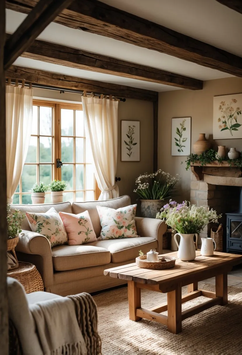 A cozy living room with a sofa, floral cushions, wooden coffee table with flowers, and natural light coming through sheer curtains.