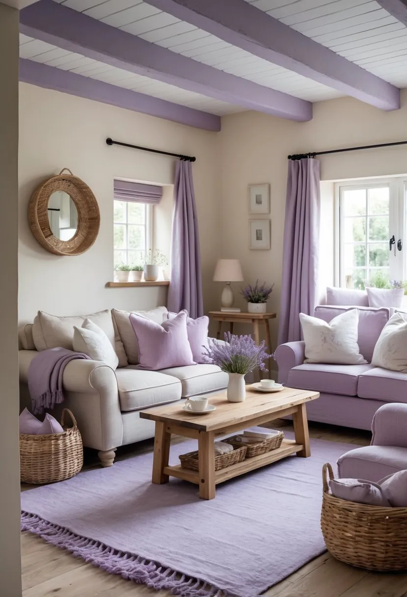 A cozy cottage living room with wooden furniture, lavender accents, and soft natural light creating a calm and inviting atmosphere.