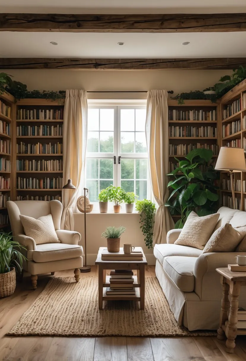 A cozy cottage living room with wooden bookshelves, beige furniture, natural light, plants, and a wooden coffee table.