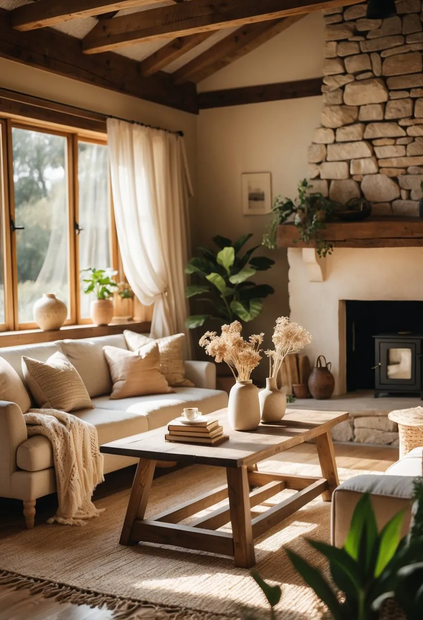 A sunlit cottage living room with a stone fireplace, wooden beams, a neutral sofa with pillows, a wooden coffee table with vases and books, and green plants.
