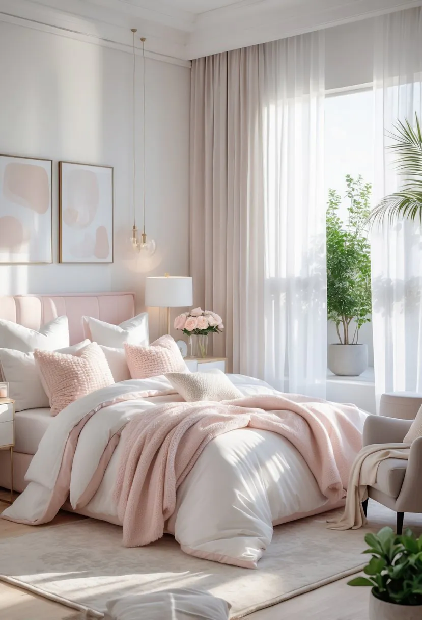A cozy bedroom with a bed, soft pillows, bedside tables, a chair, plants, and natural light coming through curtains.