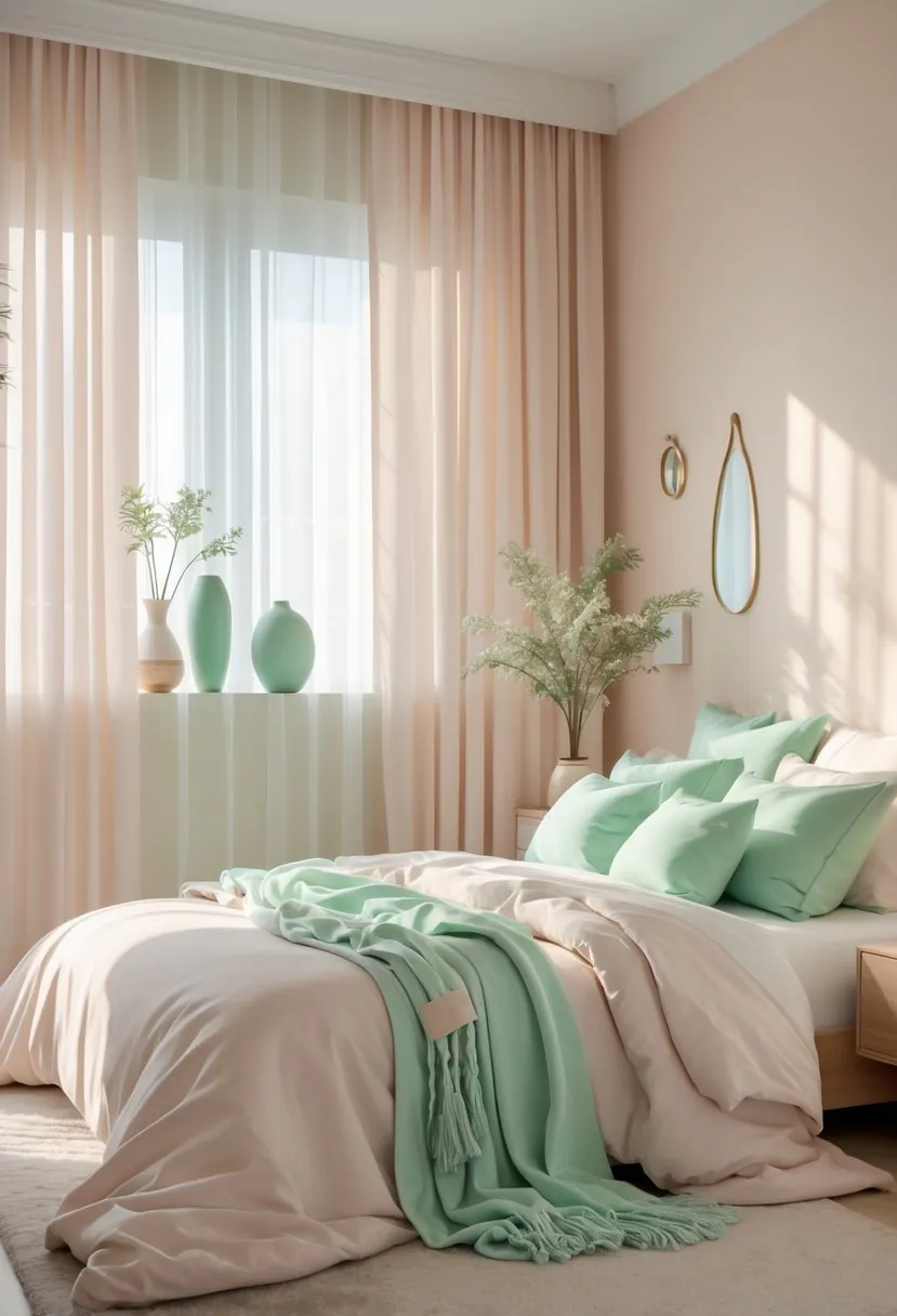 A bedroom with soft pastel walls, a bed with plush bedding, mint green accents, and natural light coming through sheer curtains.