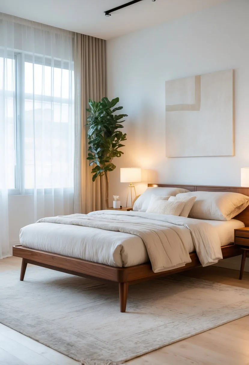 A bedroom with a wooden platform bed, soft bedding, wooden nightstands with lamps, a plant, and natural light coming through windows.