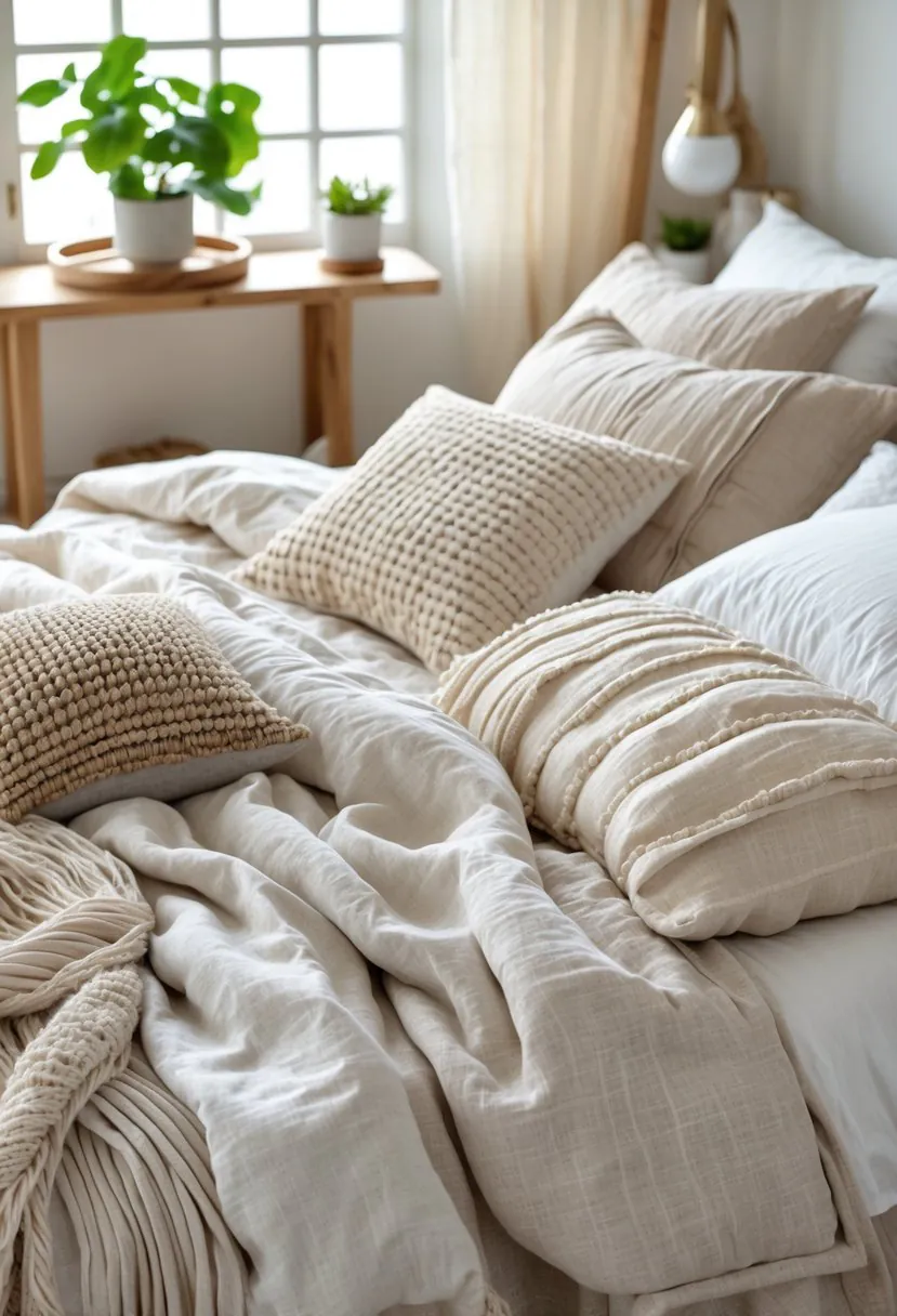 A bedroom with a bed layered with soft, natural fabric bedding and pillows, illuminated by natural light, with wooden furniture and a small plant nearby.