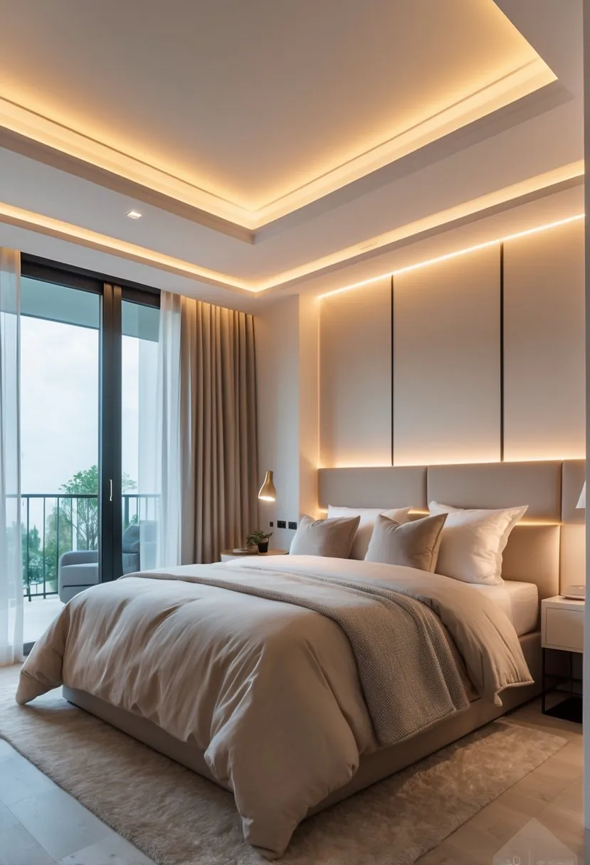 A modern bedroom with built-in ambient LED lighting softly illuminating the space, featuring a neatly made bed and minimalist furniture.