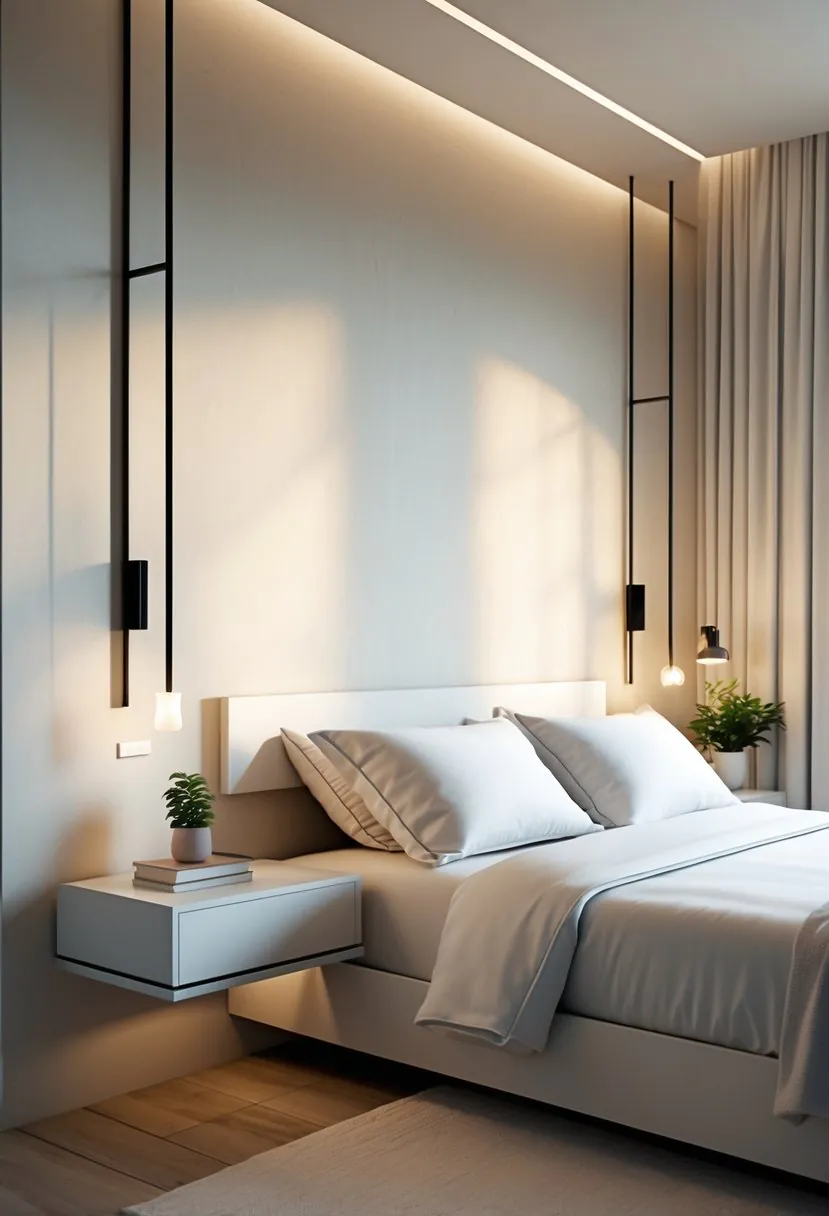 A bedroom with a bed and two wall-mounted floating nightstands holding a lamp, a plant, and a book.