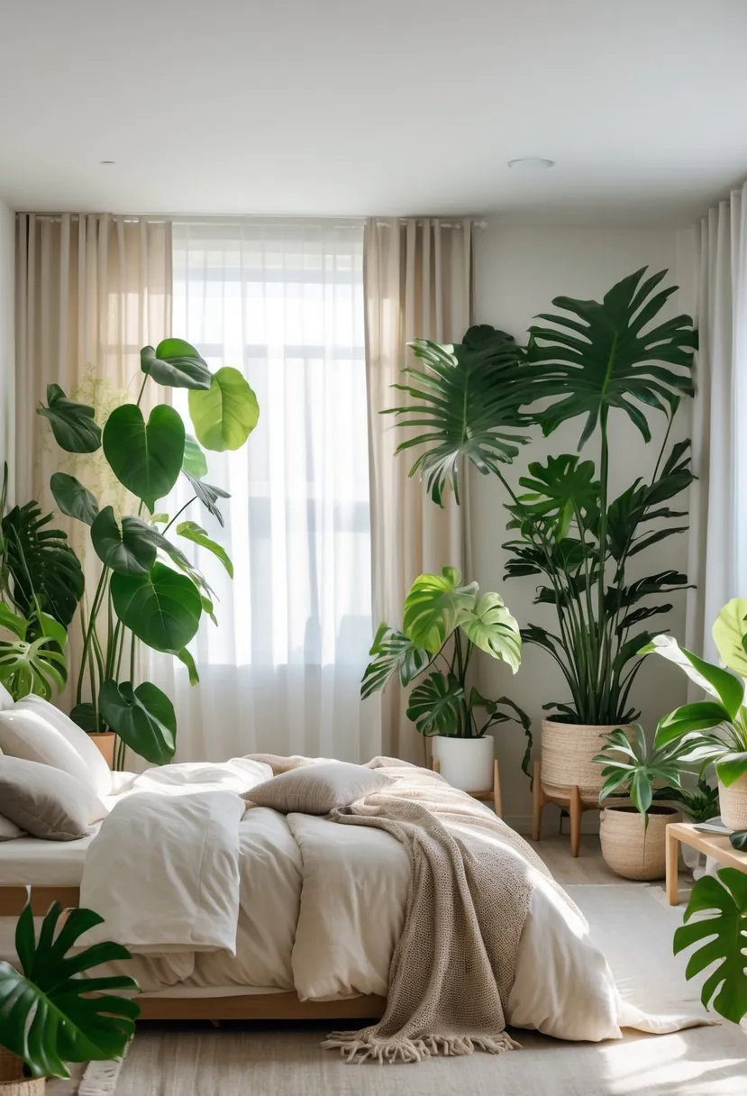 A serene bedroom with large green indoor plants, a cozy bed, and natural sunlight coming through sheer curtains.