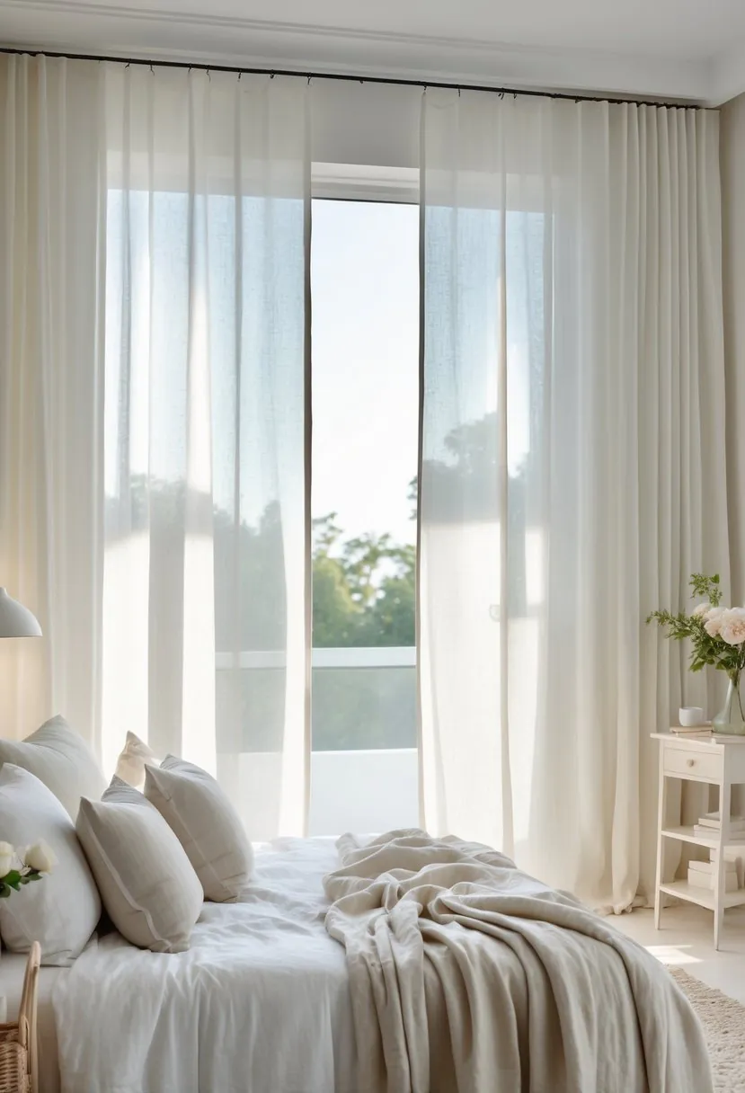A bedroom with sheer linen curtains softly filtering natural light through a window, a made bed with pillows and blankets, and simple decor.