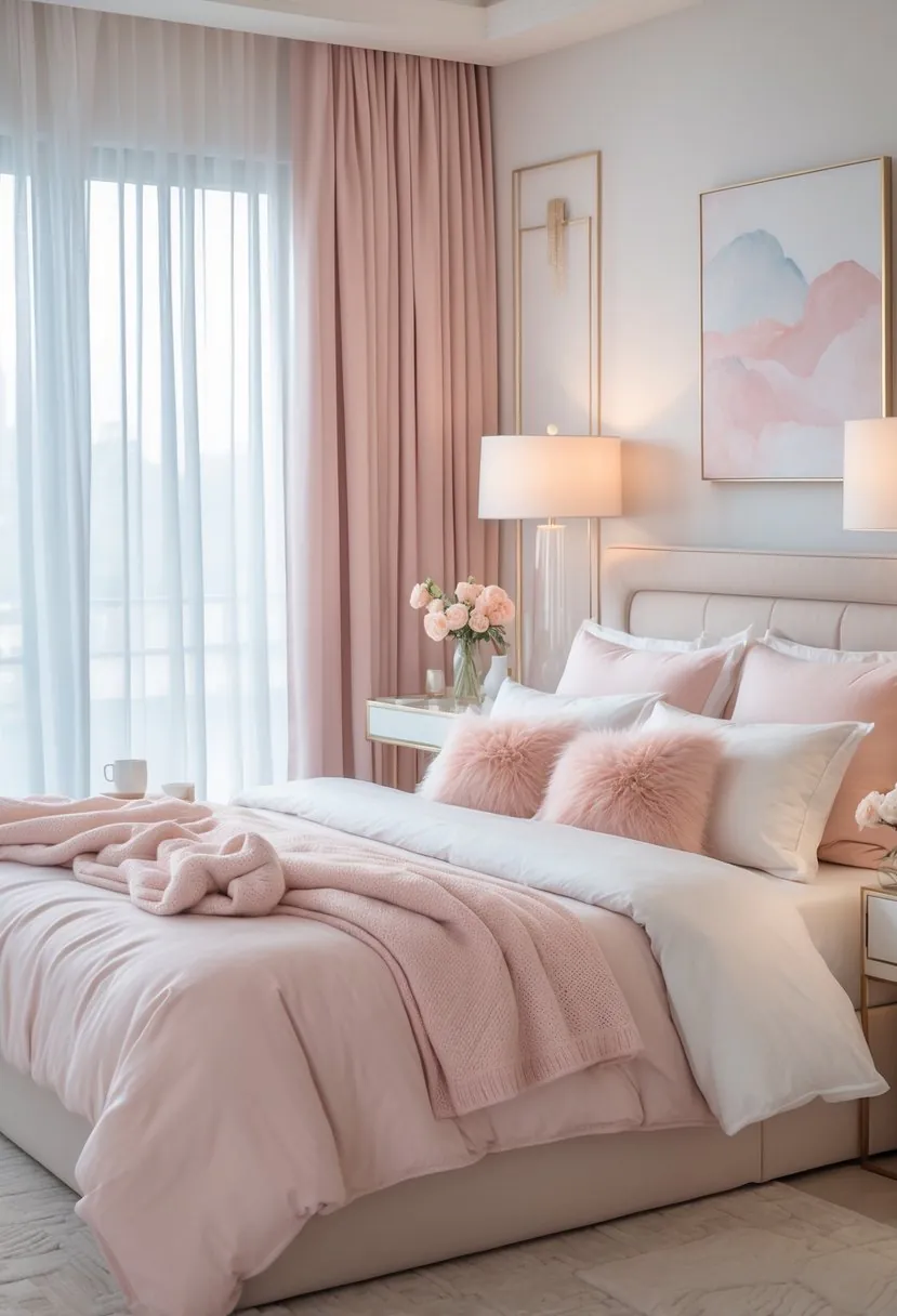 A cozy bedroom with a large bed, soft pillows, bedside tables with lamps, and natural light coming through sheer curtains.
