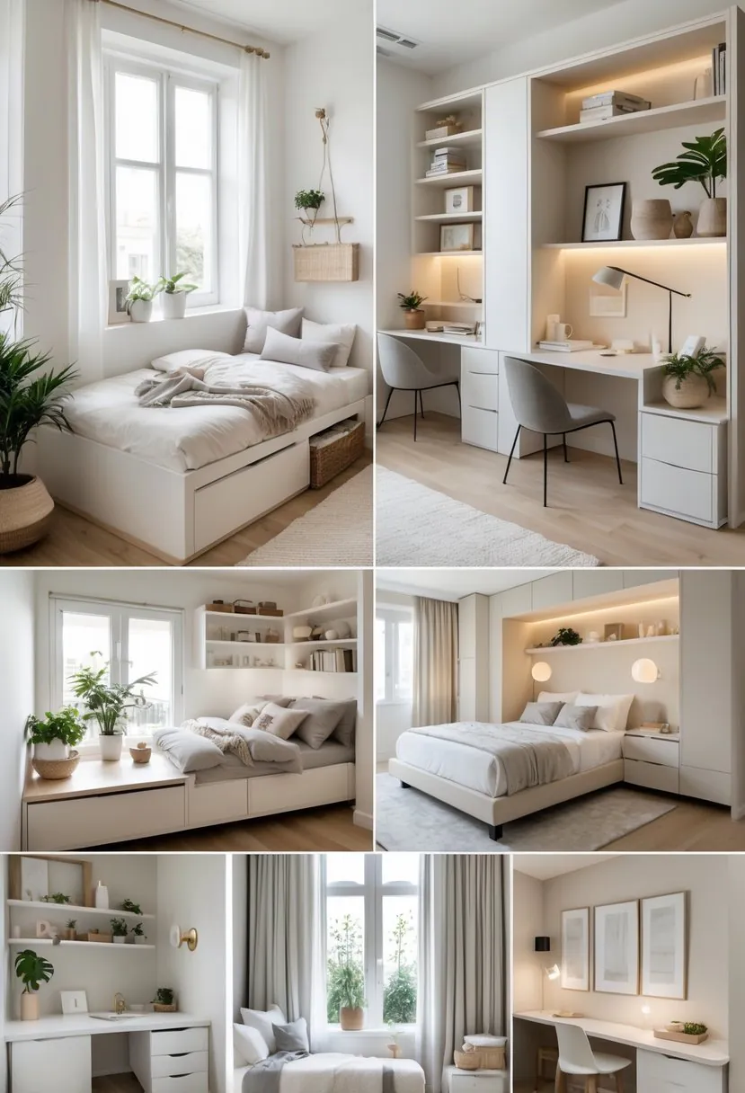 A small bedroom with a bed, shelves, desk, and plants arranged to maximize space and comfort.