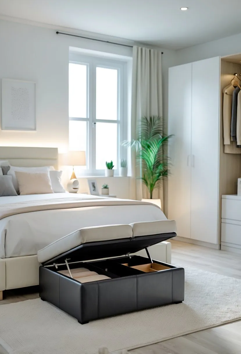 A small bedroom with a bed and an open storage ottoman at the foot, showing organized space inside.