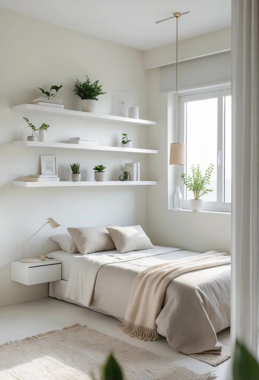 A small bedroom with floating shelves on the wall, a neatly made bed, and a clear floor.