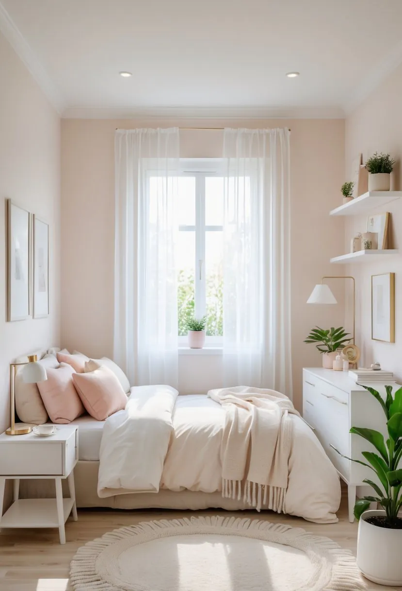 A small bedroom with a bed, bedside table, window with sheer curtains, and a small plant, all in light pastel and neutral colors.