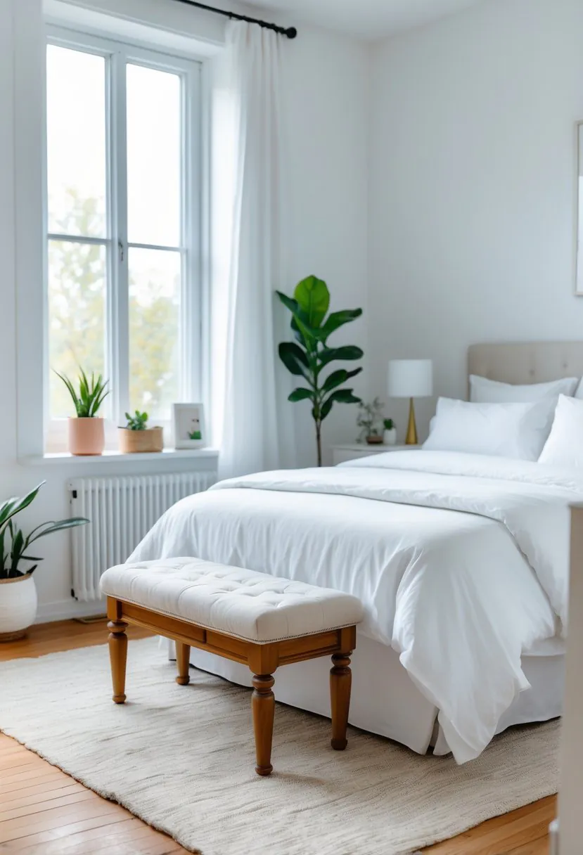 A small bedroom with a bed and a bench placed at the foot of the bed.