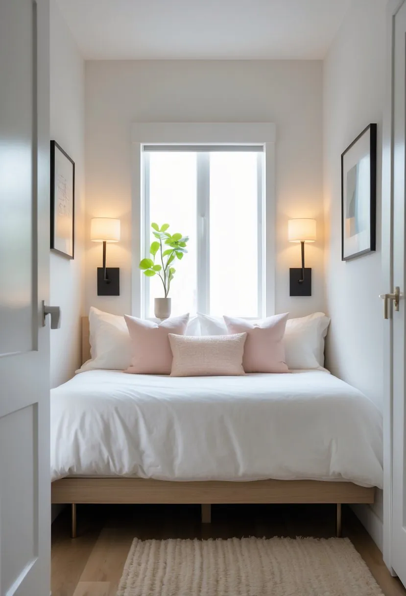 A small bedroom with a bed and wall-mounted bedside lamps on either side, without nightstands.