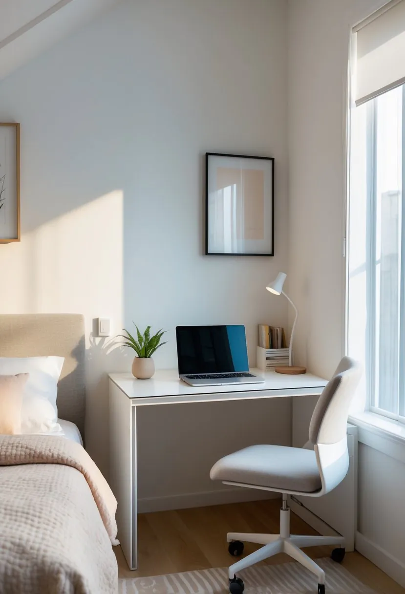 A small bedroom corner with a compact desk and chair, a laptop, a potted plant, and soft natural light from a nearby window.